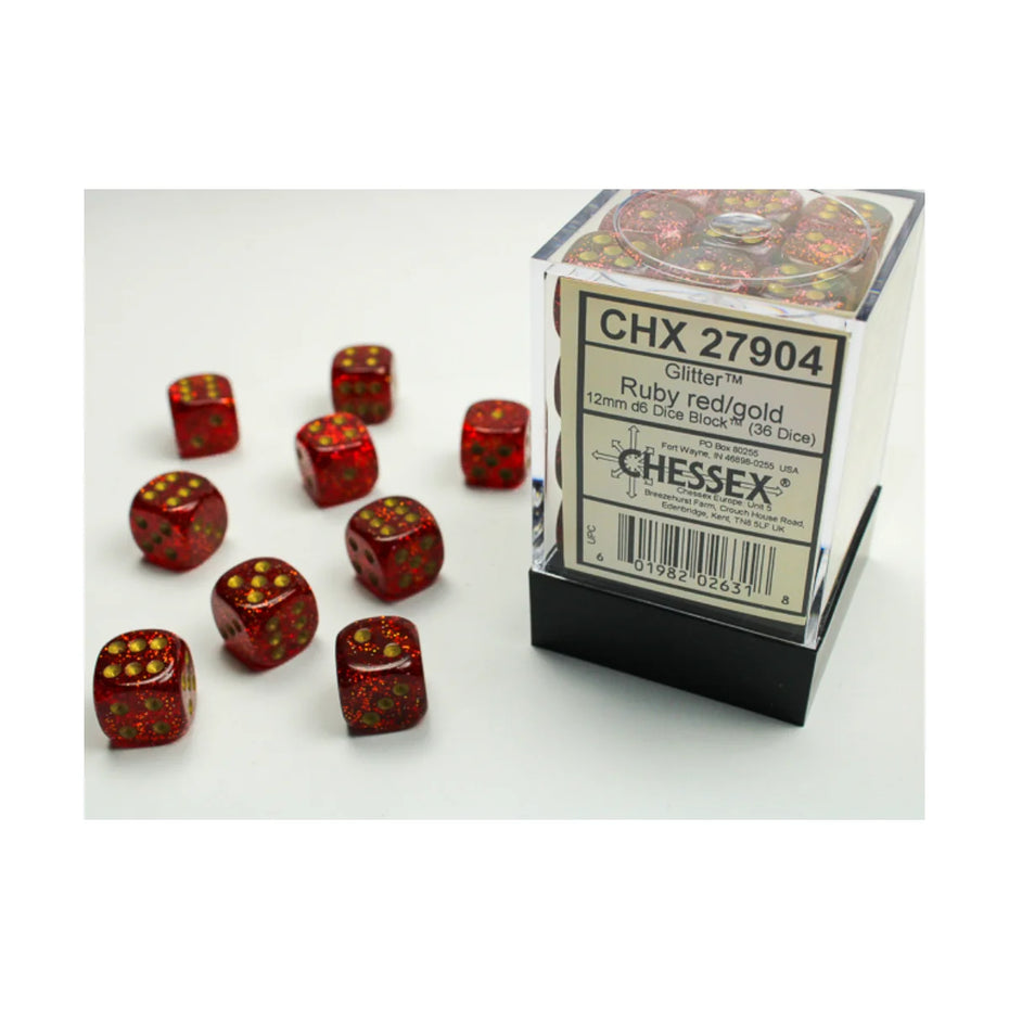 Chessex - 12mm D6 - Dice Block - Glitter Ruby/Gold TCG