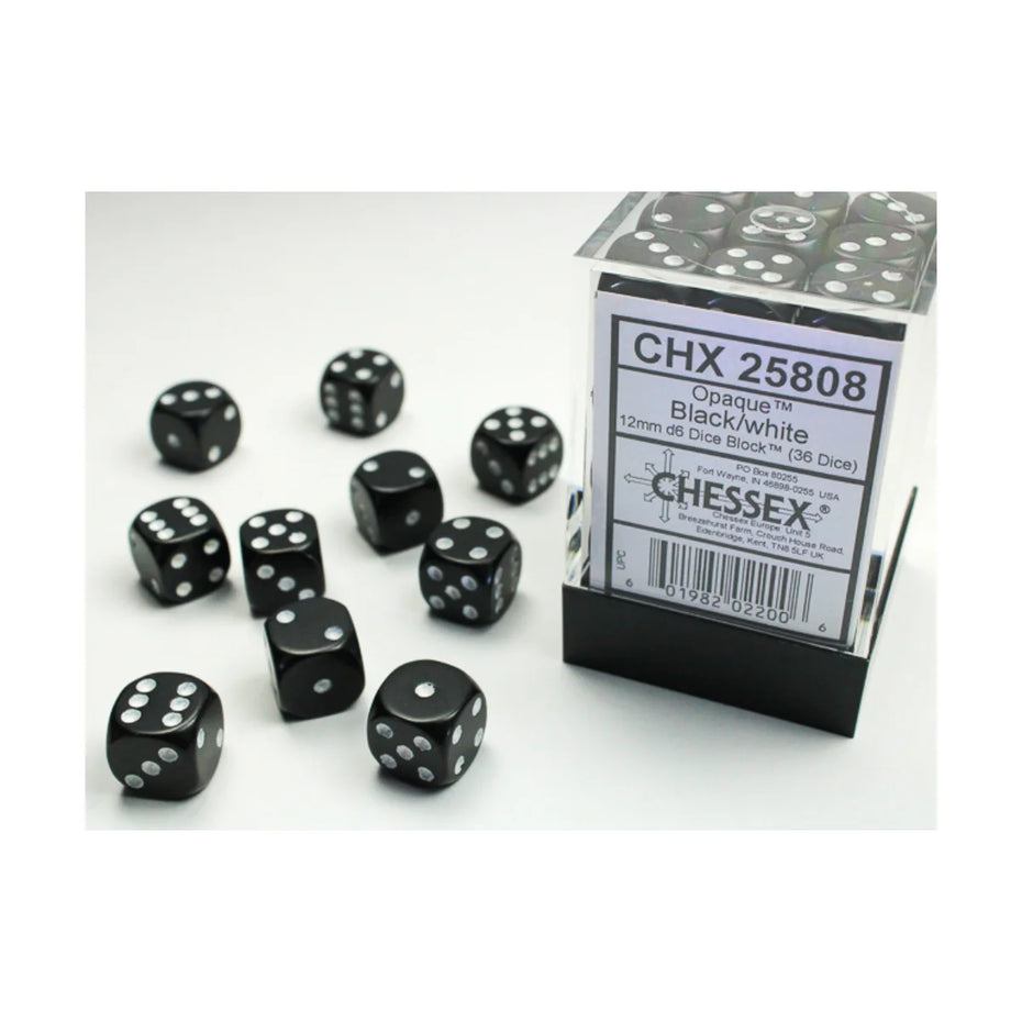 Chessex - 12mm D6 - Dice Block - Opaque Black/White TCG