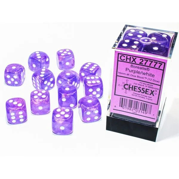 Chessex - 16mm - 12 Dice - Verschiedene Farben Purple white