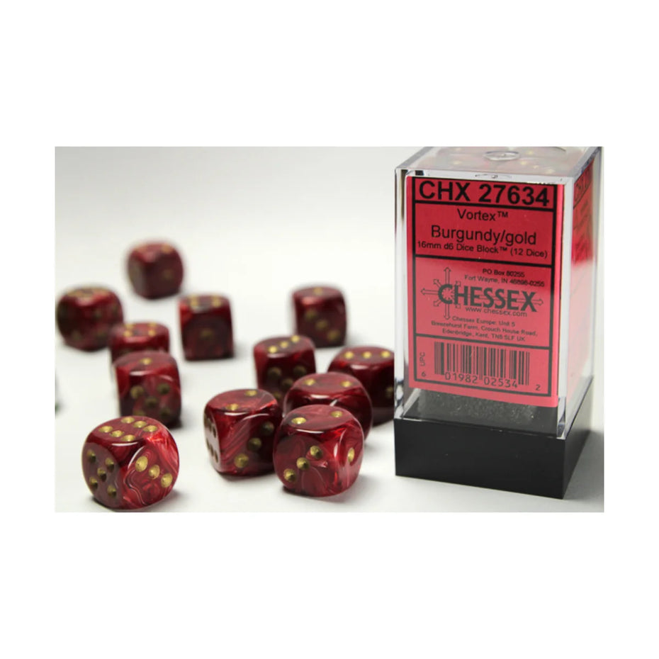 Chessex - 16mm D6 - Dice Block - Vortex Burgundy/Gold TCG
