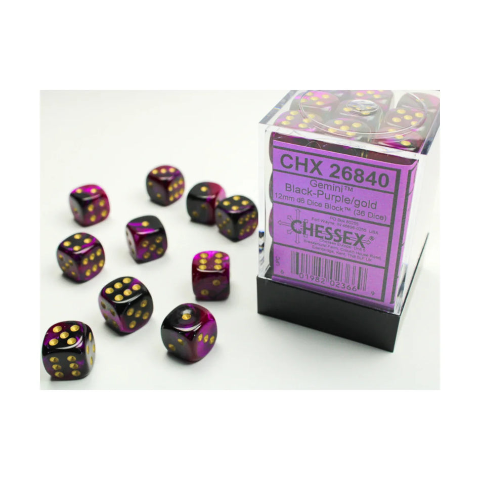 Chessex - 12mm D6 - Dice Block - Gemini Black-Purple/Gold