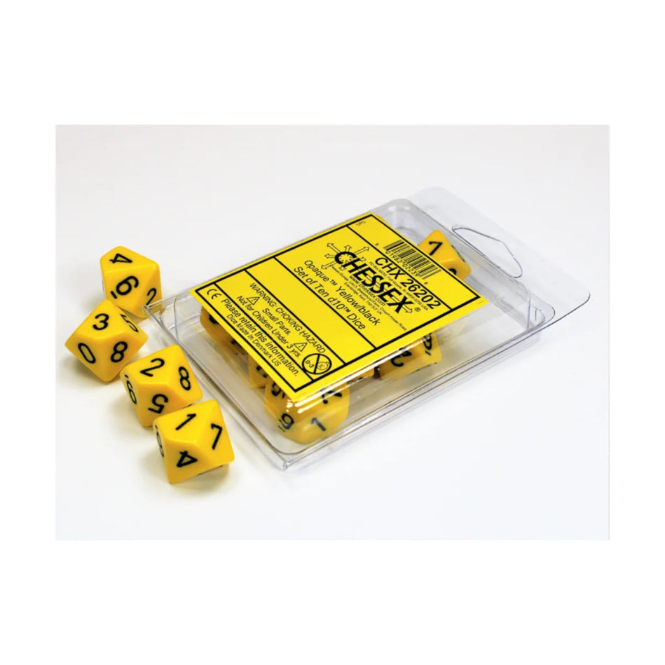 Chessex - Set of Ten d10 Dice Opaque - Yellow/Black TCG
