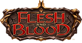 Logo im Fantasy-Stil mit dem Text 'FLESH AND BLOOD' in roten metallischen Buchstaben und kunstvollen dekorativen Bronzerändern.