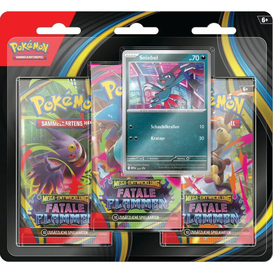 Pokémon Fatale Flammen ME02 3-Pack-Blister DE Sniebel