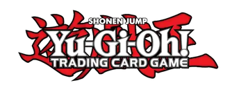 Yu-Gi-Oh! Trading Card Game-Logo in rotem und weißem Text mit flammenartigen Designelementen.